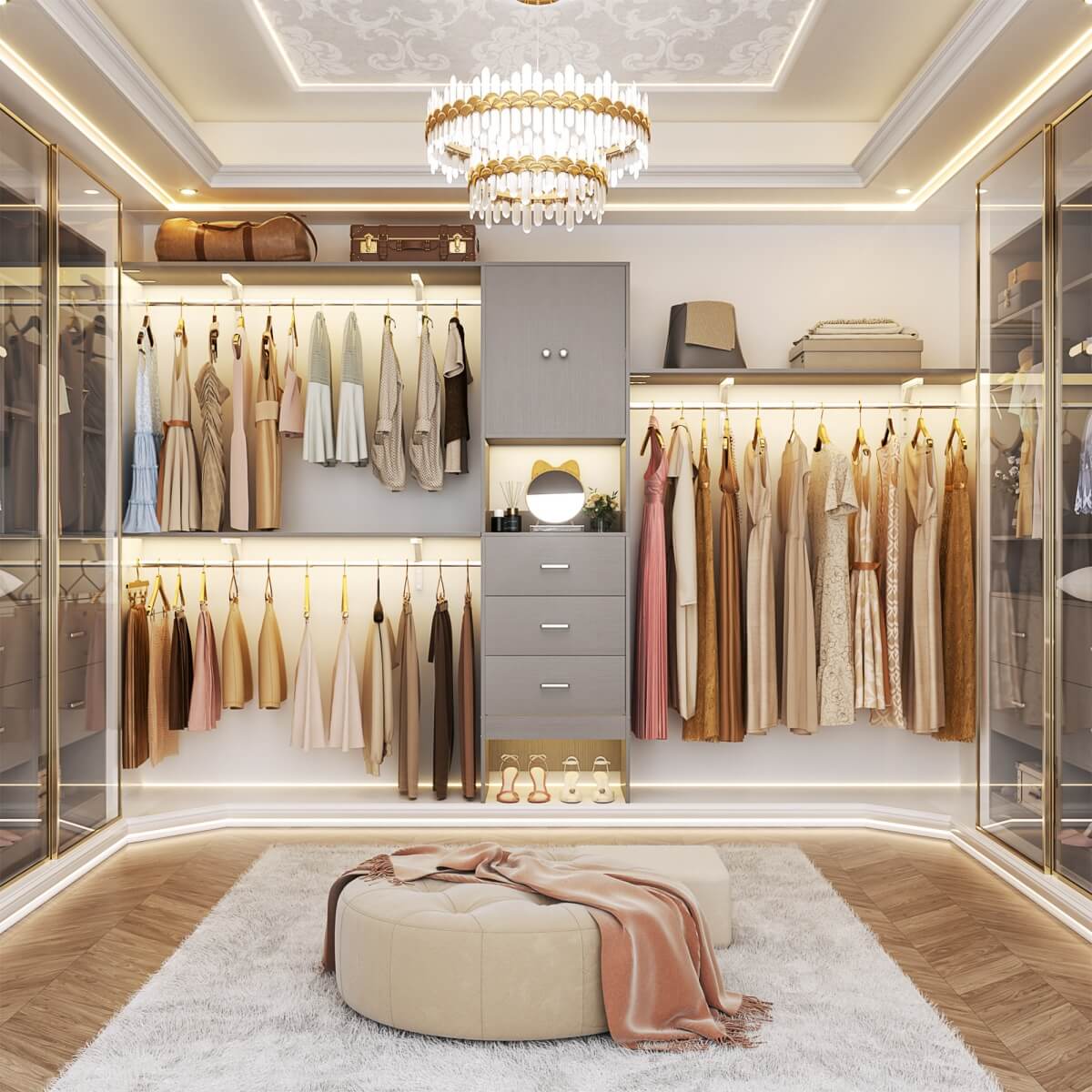 10FT Closet System with Drawers & Hanging Rods, 120'' Closet Organizer with Doors, Holds 1300 LBS