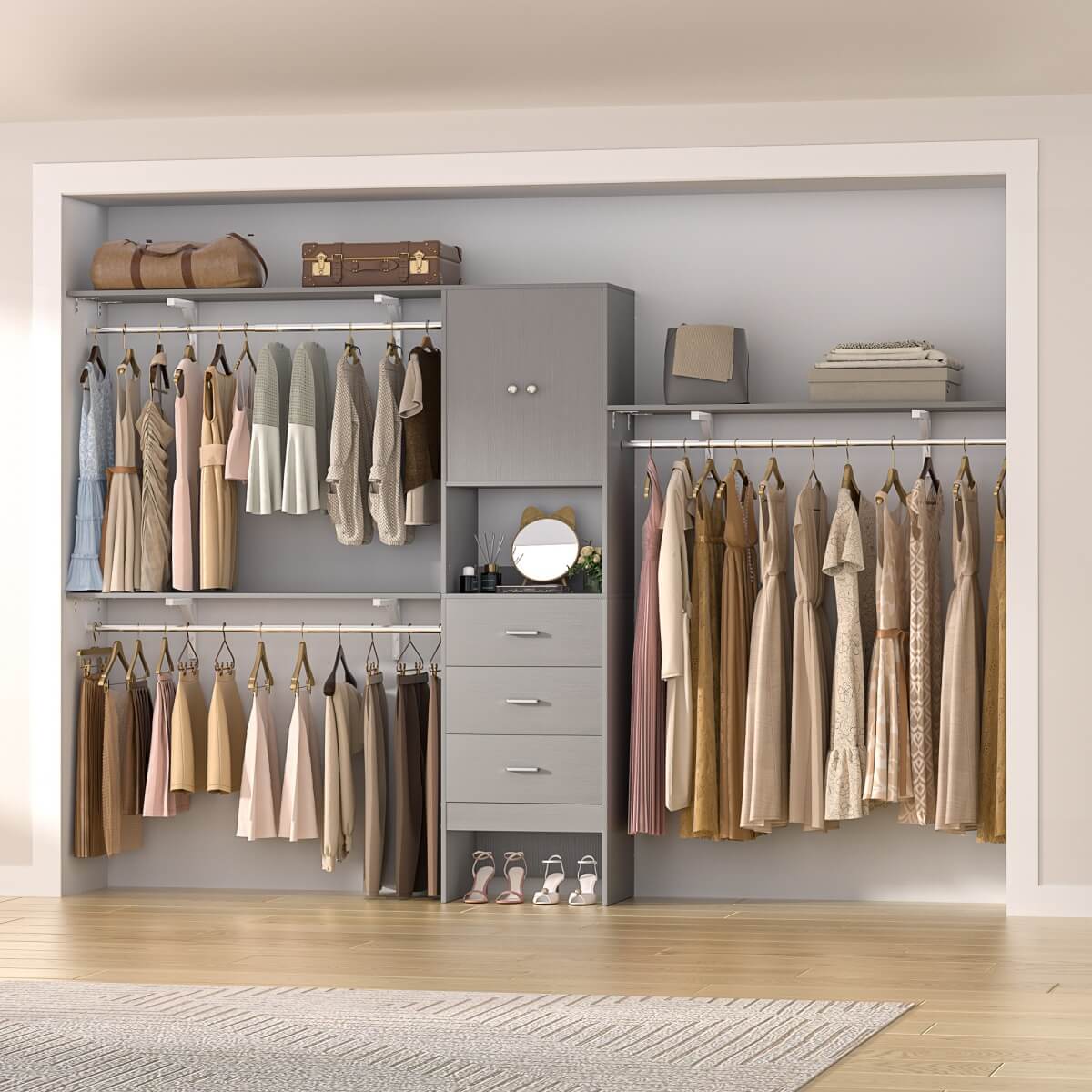 10FT Closet System with Drawers & Hanging Rods, 120'' Closet Organizer with Doors, Holds 1300 LBS