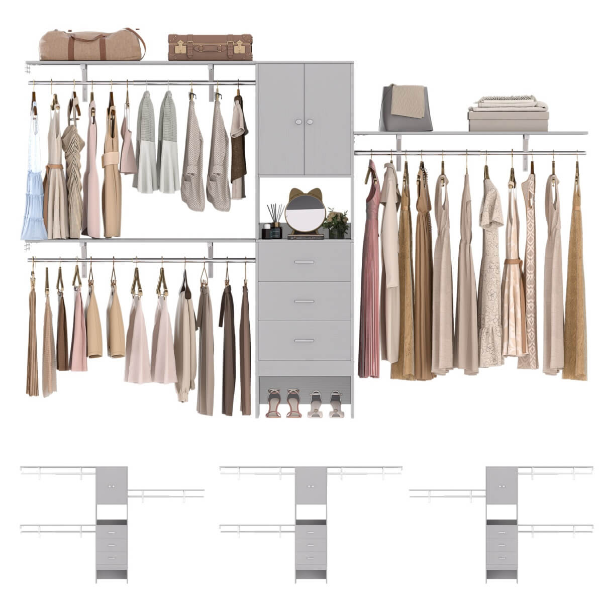 10FT Closet System with Drawers & Hanging Rods, 120'' Closet Organizer with Doors, Holds 1300 LBS
