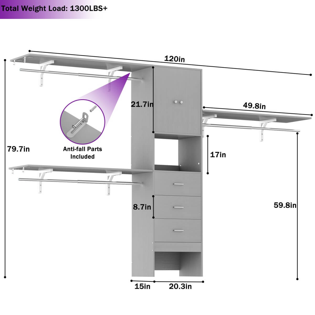 10FT Closet System with Drawers & Hanging Rods, 120'' Closet Organizer with Doors, Holds 1300 LBS
