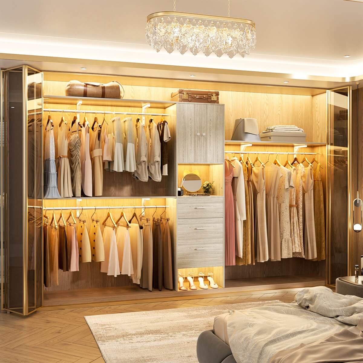 10FT Closet System with Drawers & Hanging Rods, 120'' Closet Organizer with Doors, Holds 1300 LBS