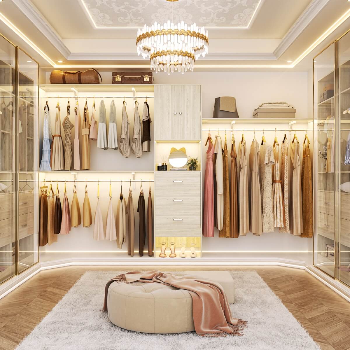 10FT Closet System with Drawers & Hanging Rods, 120'' Closet Organizer with Doors, Holds 1300 LBS