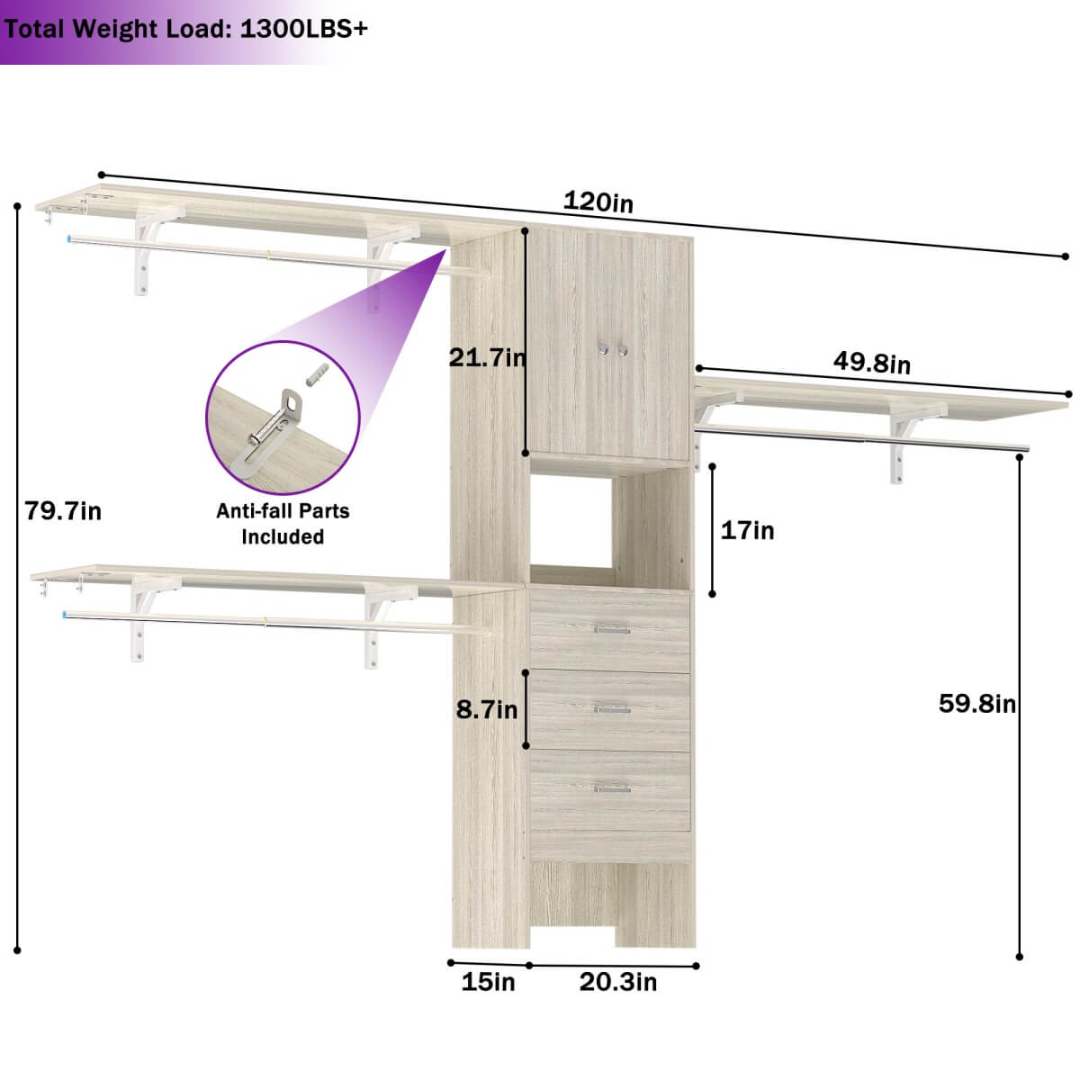 10FT Closet System with Drawers & Hanging Rods, 120'' Closet Organizer with Doors, Holds 1300 LBS