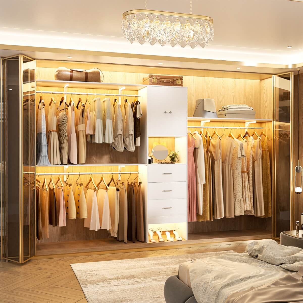 10FT Closet System with Drawers & Hanging Rods, 120'' Closet Organizer with Doors, Holds 1300 LBS