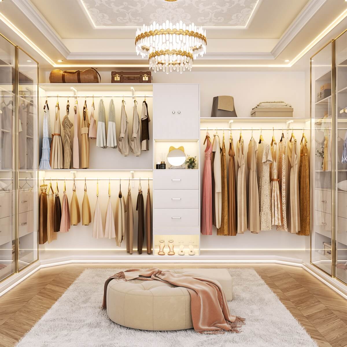 10FT Closet System with Drawers & Hanging Rods, 120'' Closet Organizer with Doors, Holds 1300 LBS