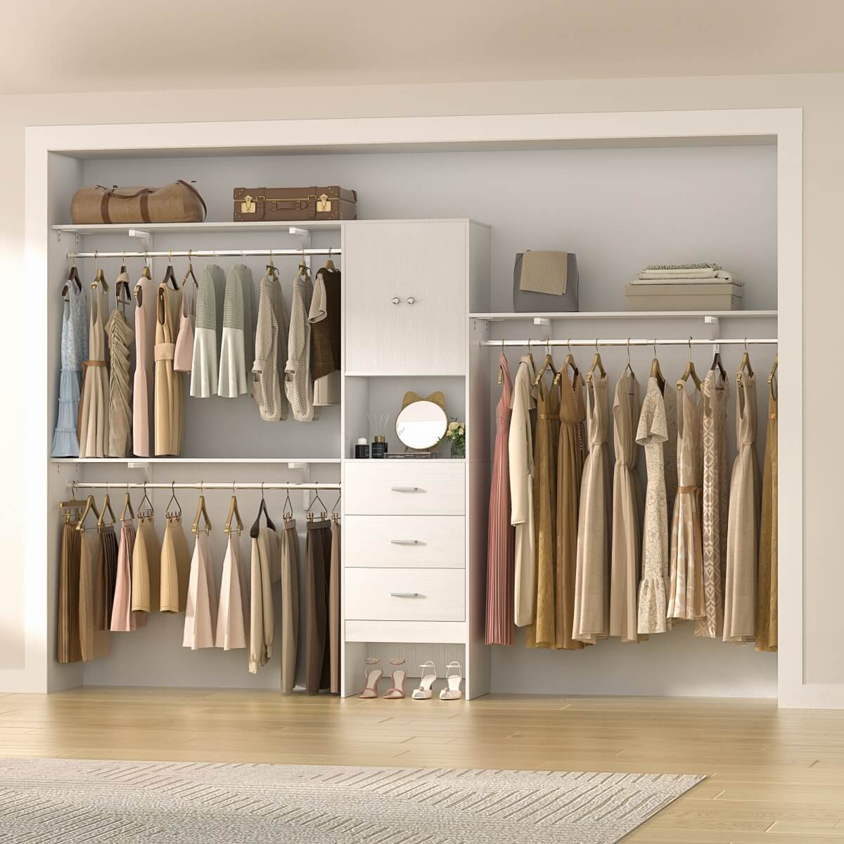 10FT Closet System with Drawers & Hanging Rods, 120'' Closet Organizer with Doors, Holds 1300 LBS