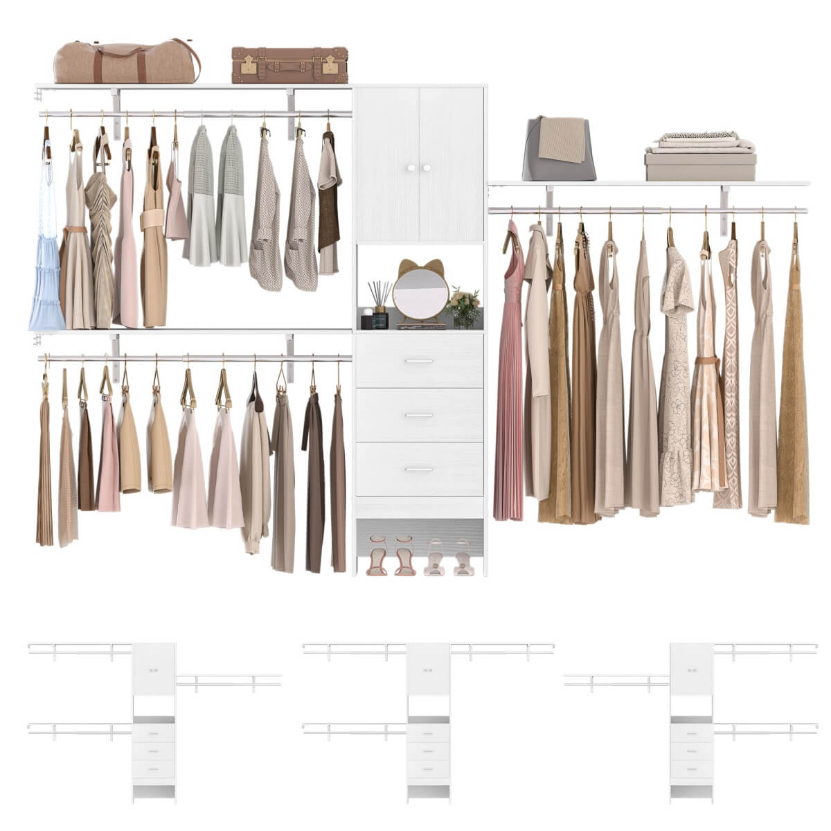 10FT Closet System with Drawers & Hanging Rods, 120'' Closet Organizer with Doors, Holds 1300 LBS
