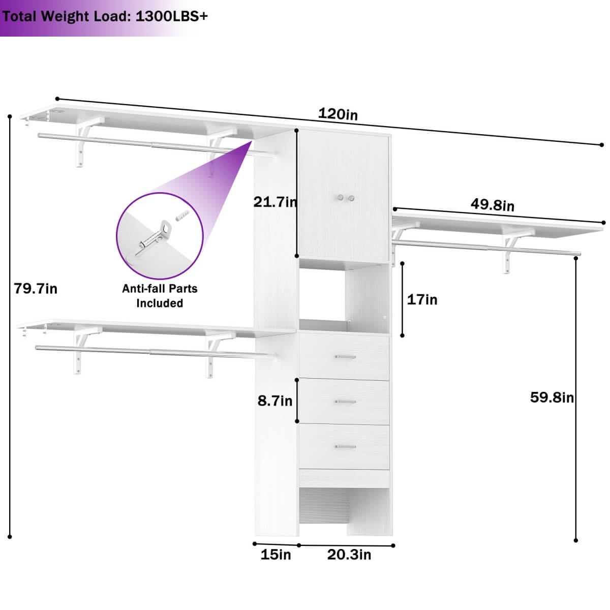 10FT Closet System with Drawers & Hanging Rods, 120'' Closet Organizer with Doors, Holds 1300 LBS