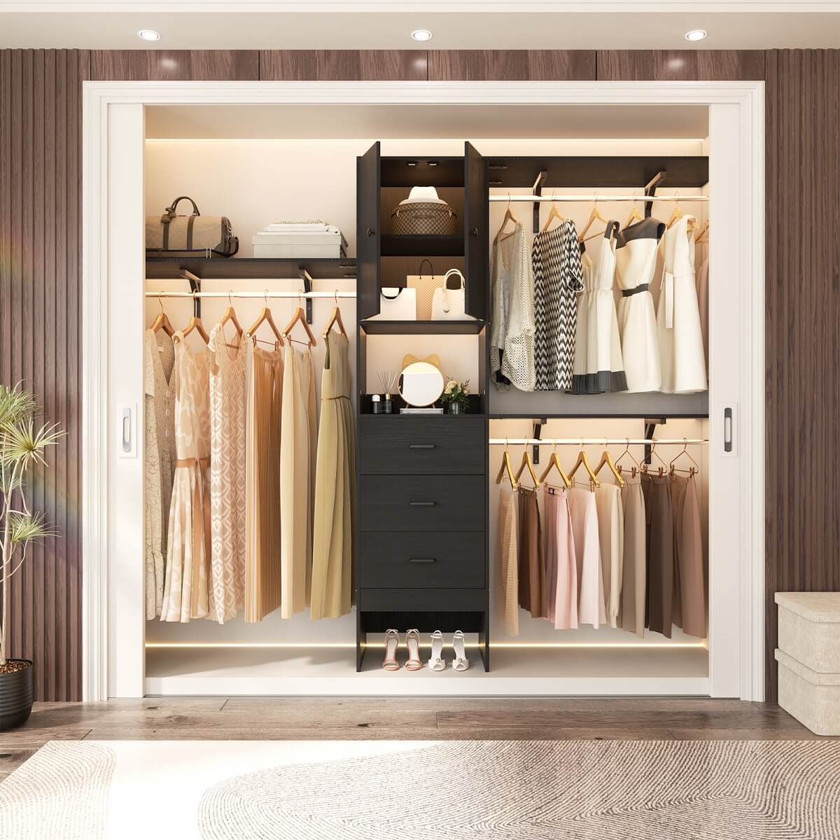 Upgraded 96 Inches Closet System, with Doors, Drawers, Hanging Rods, and Shelving Towers, Max Load 1000 LBS