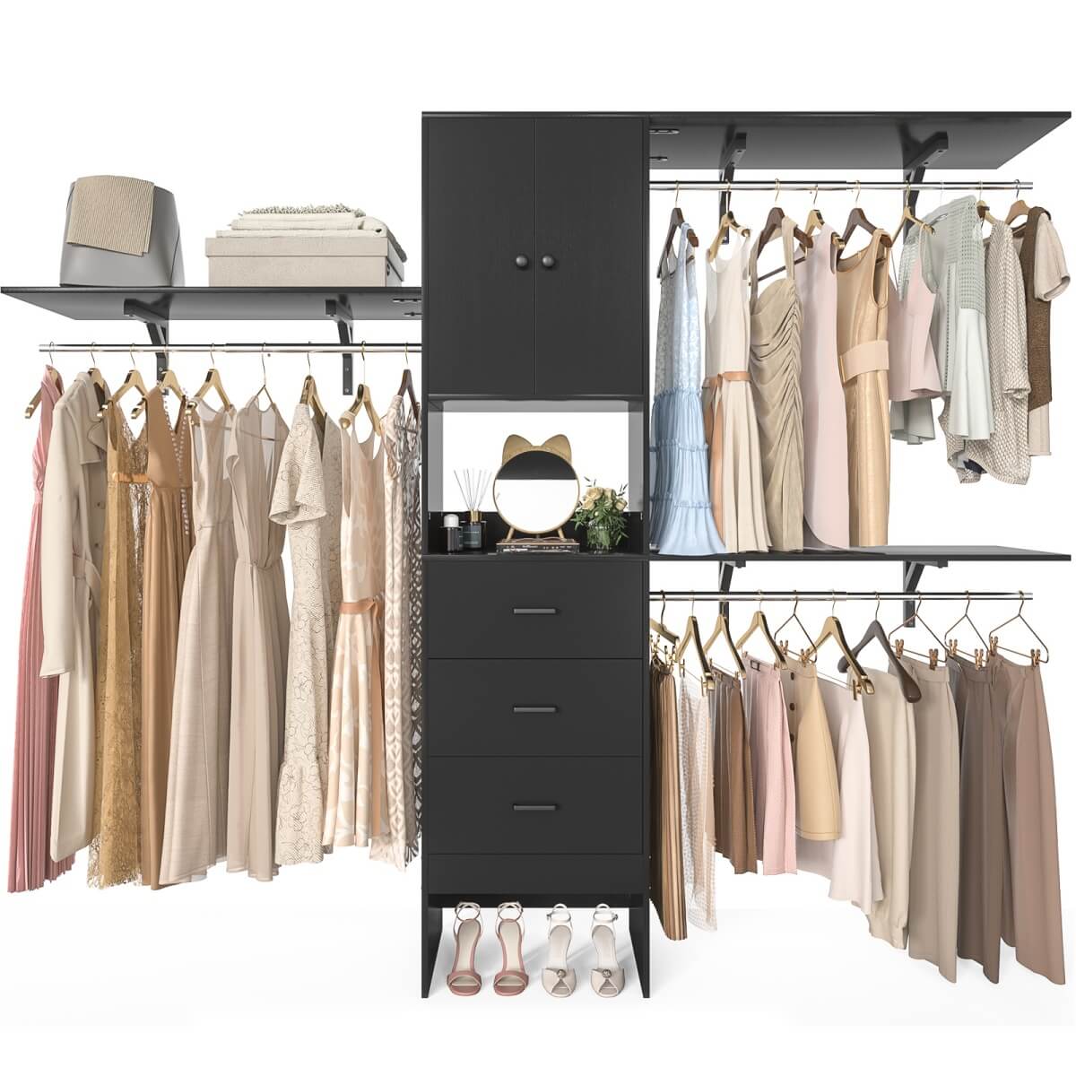 Upgraded 96 Inches Closet System, with Doors, Drawers, Hanging Rods, and Shelving Towers, Max Load 1000 LBS