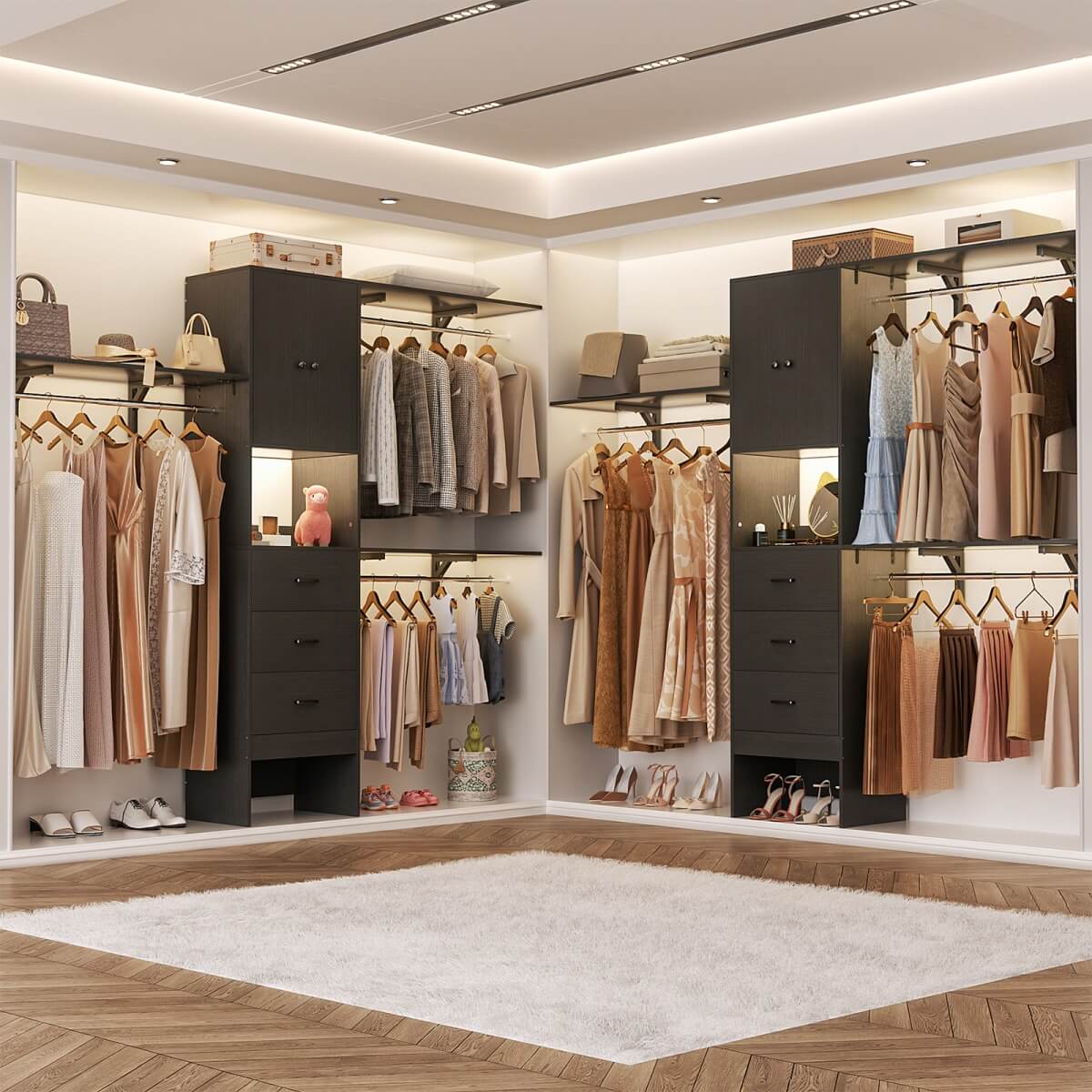 Upgraded 96 Inches Closet System, with Doors, Drawers, Hanging Rods, and Shelving Towers, Max Load 1000 LBS