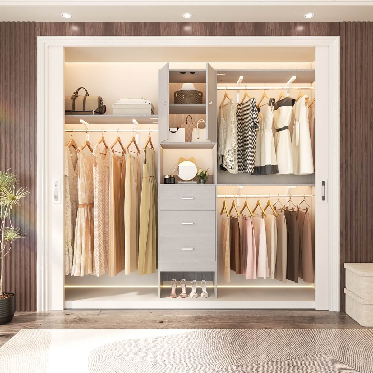 Upgraded 96 Inches Closet System, with Doors, Drawers, Hanging Rods, and Shelving Towers, Max Load 1000 LBS
