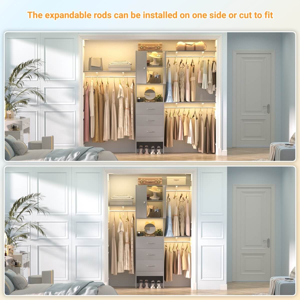 Upgraded 96 Inches Closet System, with Doors, Drawers, Hanging Rods, and Shelving Towers, Max Load 1000 LBS