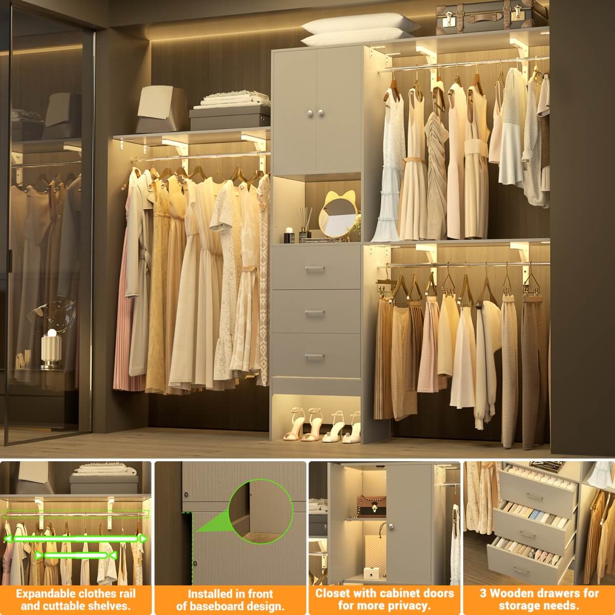 Upgraded 96 Inches Closet System, with Doors, Drawers, Hanging Rods, and Shelving Towers, Max Load 1000 LBS