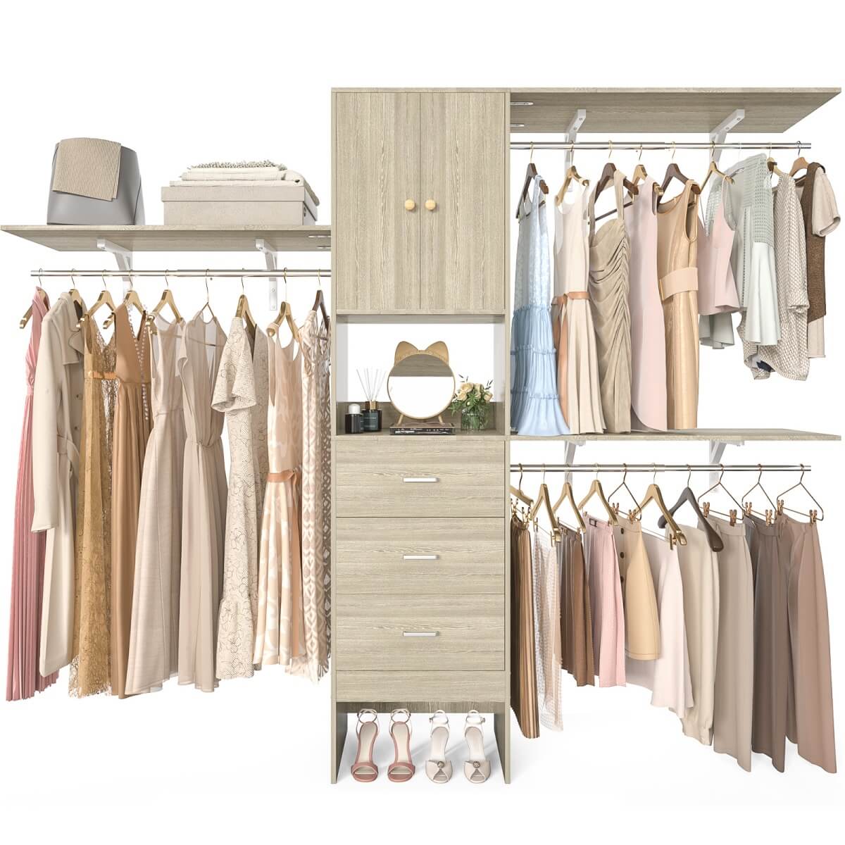 Upgraded 96 Inches Closet System, with Doors, Drawers, Hanging Rods, and Shelving Towers, Max Load 1000 LBS