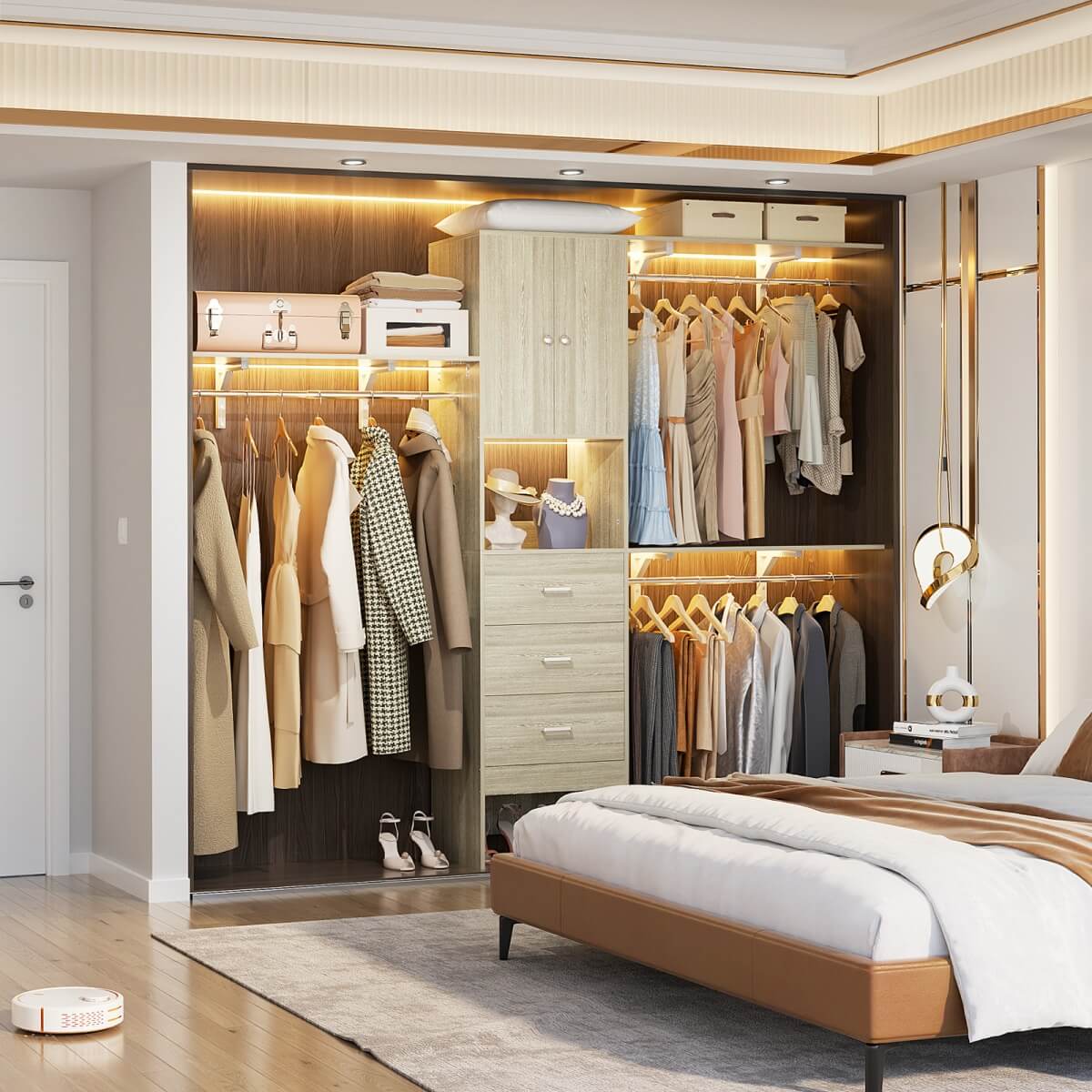 Upgraded 96 Inches Closet System, with Doors, Drawers, Hanging Rods, and Shelving Towers, Max Load 1000 LBS