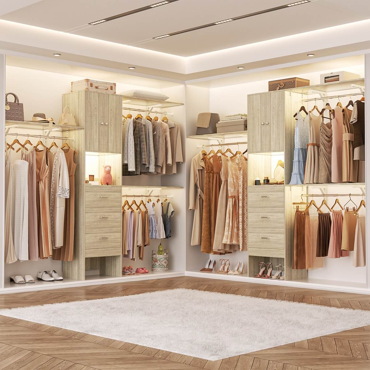 Upgraded 96 Inches Closet System, with Doors, Drawers, Hanging Rods, and Shelving Towers, Max Load 1000 LBS