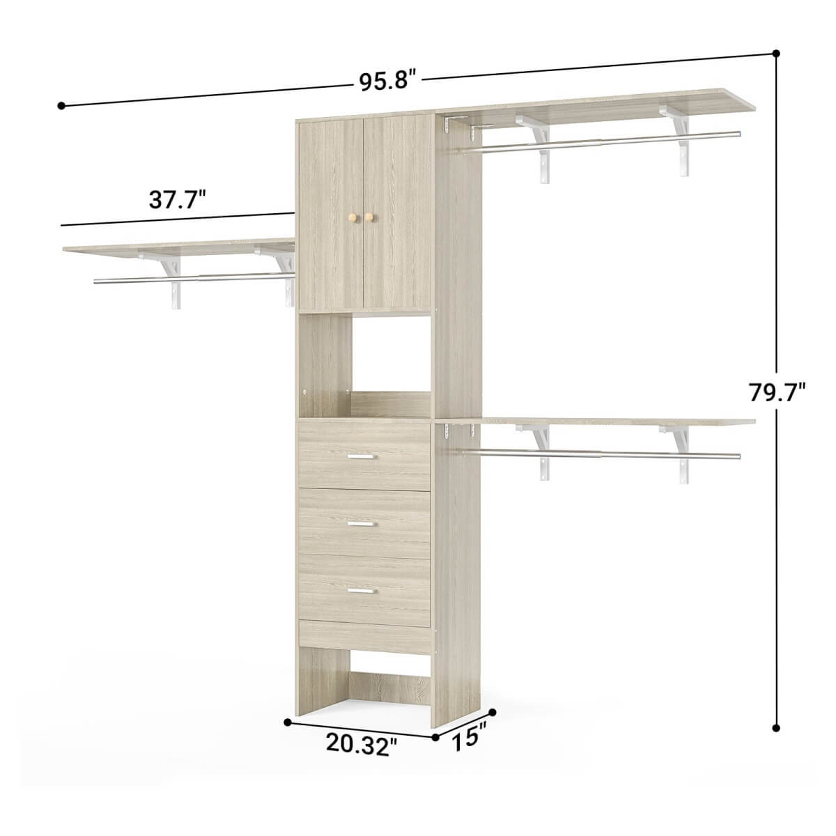 Upgraded 96 Inches Closet System, with Doors, Drawers, Hanging Rods, and Shelving Towers, Max Load 1000 LBS
