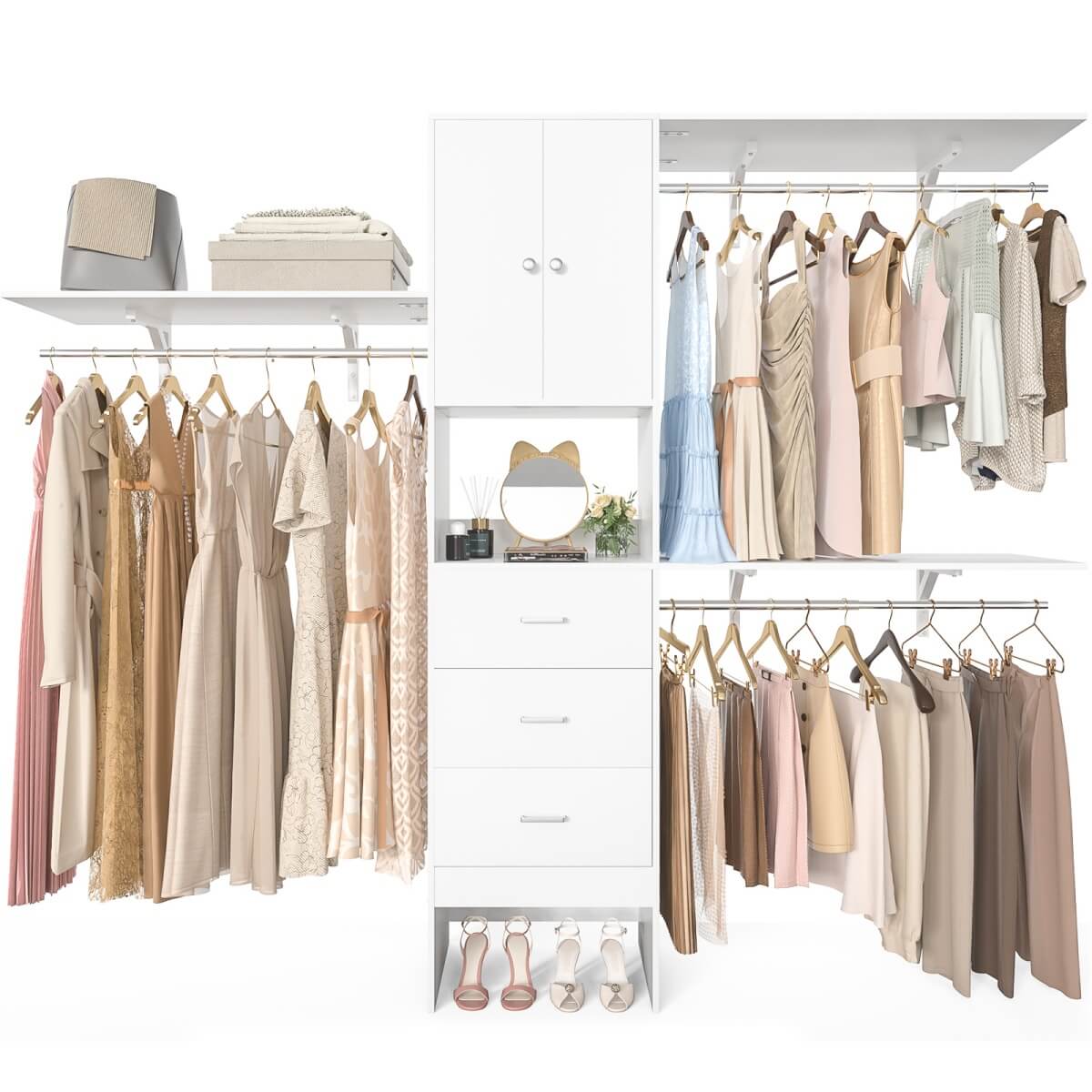 Upgraded 96 Inches Closet System, with Doors, Drawers, Hanging Rods, and Shelving Towers, Max Load 1000 LBS