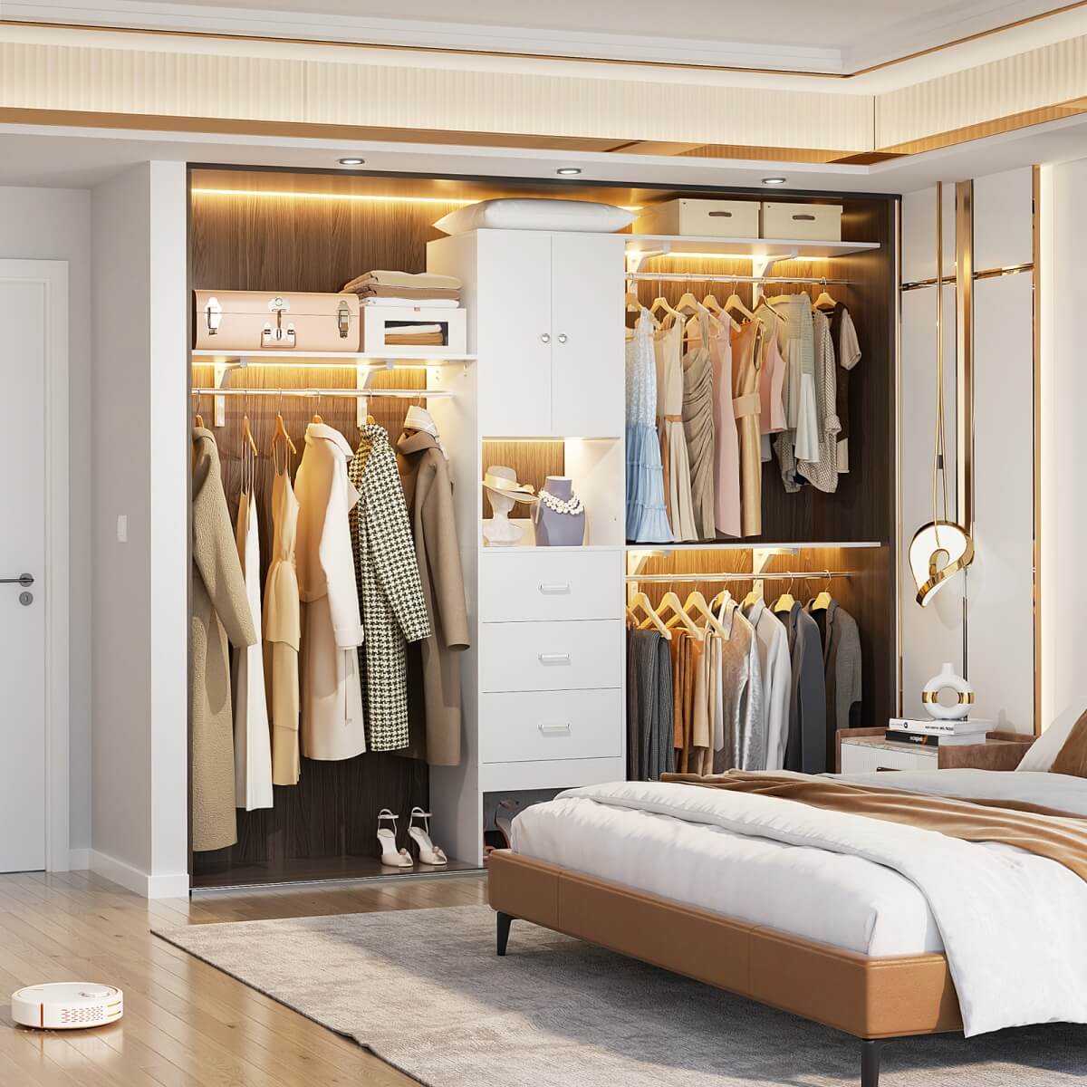 Upgraded 96 Inches Closet System, with Doors, Drawers, Hanging Rods, and Shelving Towers, Max Load 1000 LBS