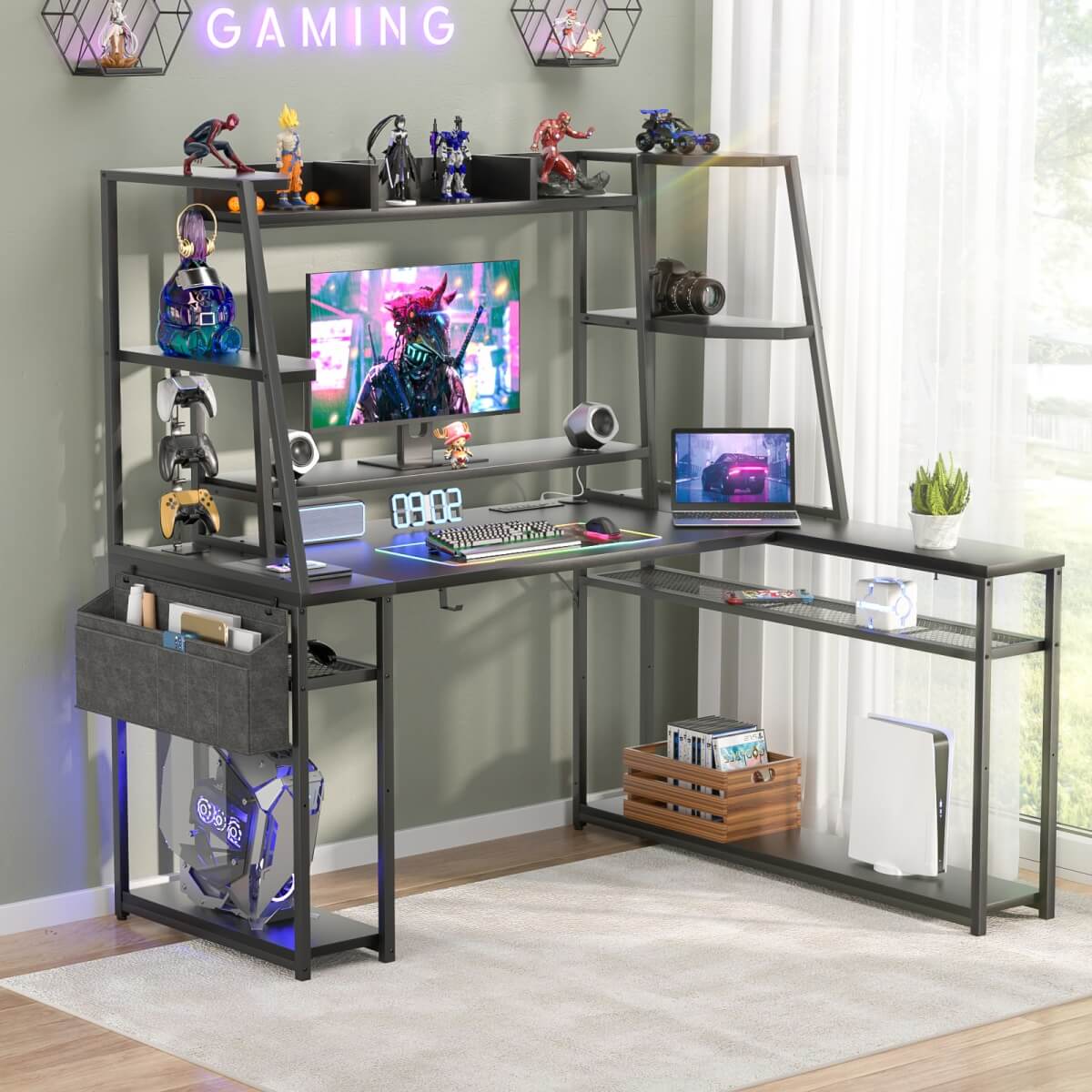 47'' L Shaped Gaming Computer Desk with Hutch, Storage Shelves, LED Lights & Outlets