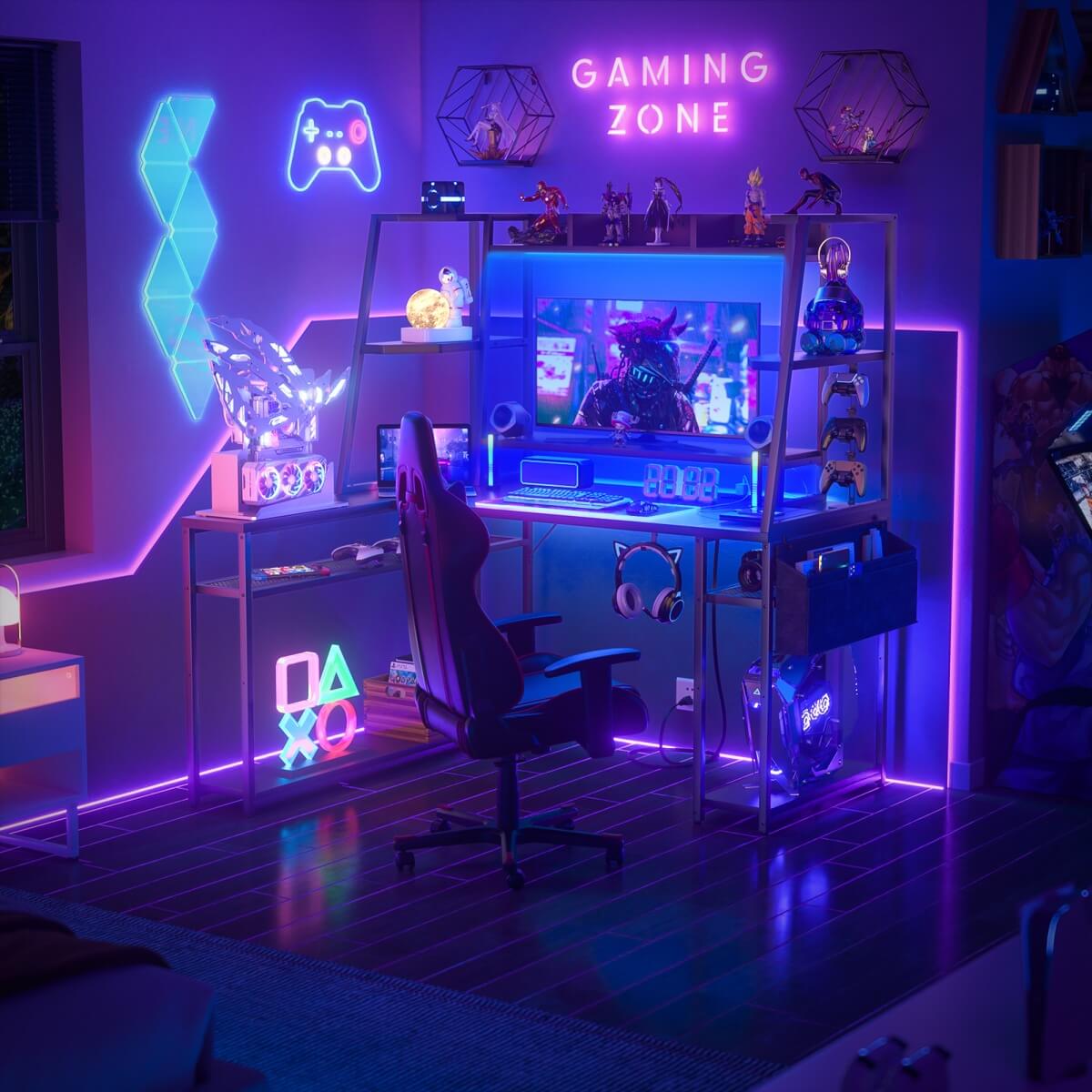 47'' L Shaped Gaming Computer Desk with Hutch, Storage Shelves, LED Lights & Outlets