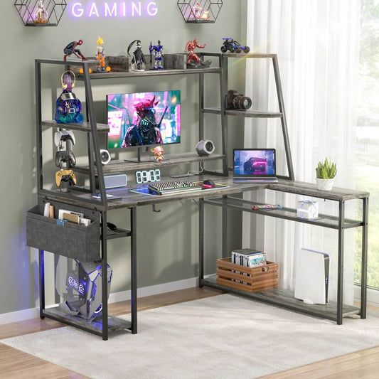 47'' L Shaped Gaming Computer Desk with Hutch, Storage Shelves, LED Lights & Outlets