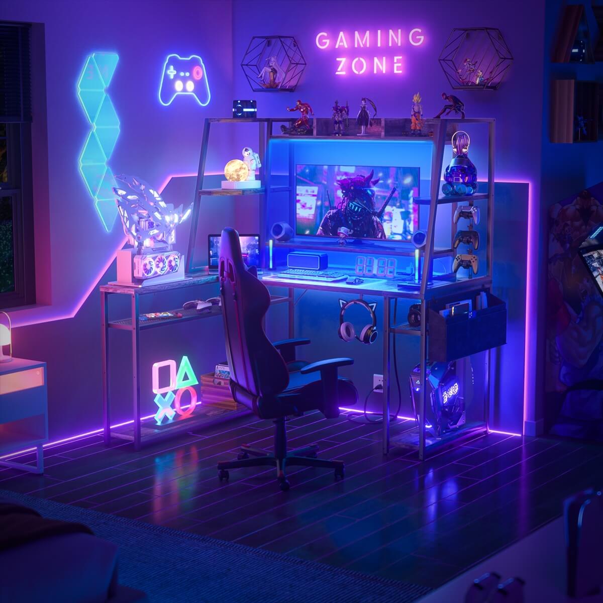 47'' L Shaped Gaming Computer Desk with Hutch, Storage Shelves, LED Lights & Outlets