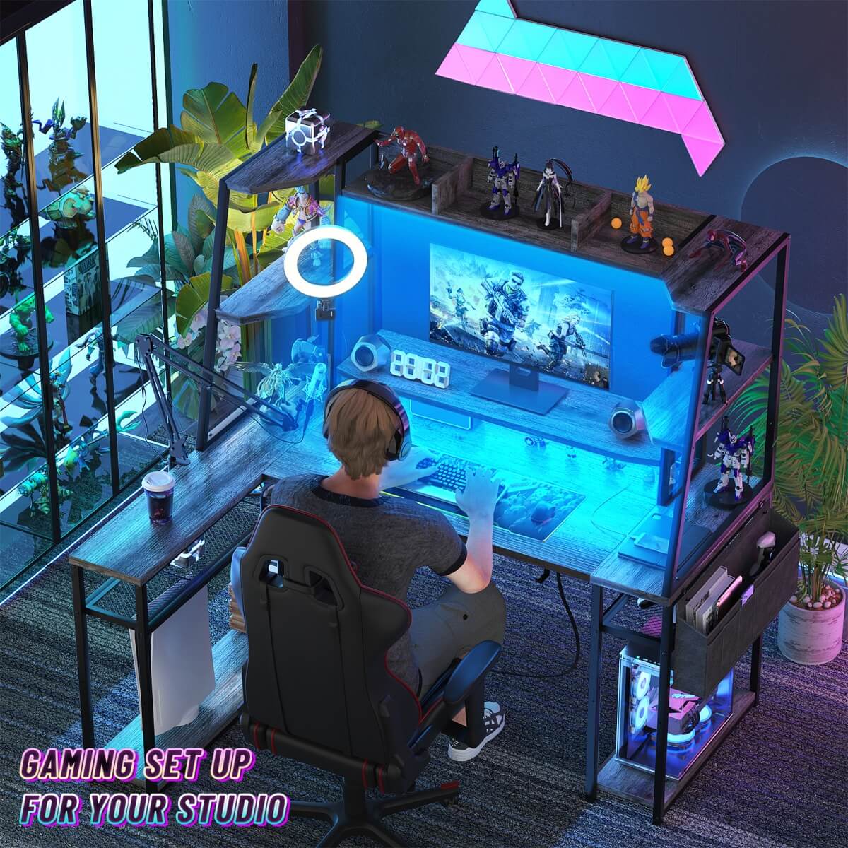 47'' L Shaped Gaming Computer Desk with Hutch, Storage Shelves, LED Lights & Outlets