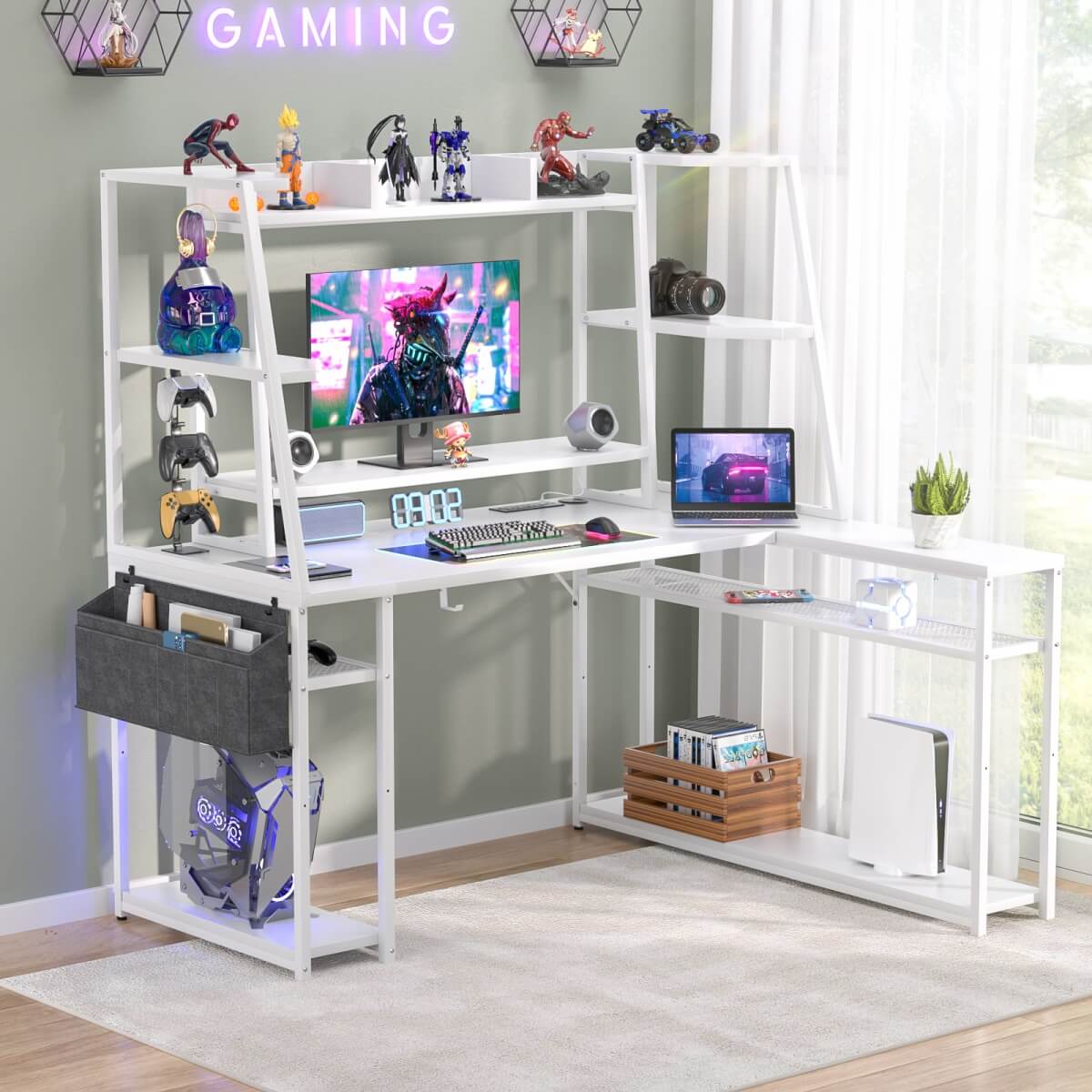 47'' L Shaped Gaming Computer Desk with Hutch, Storage Shelves, LED Lights & Outlets