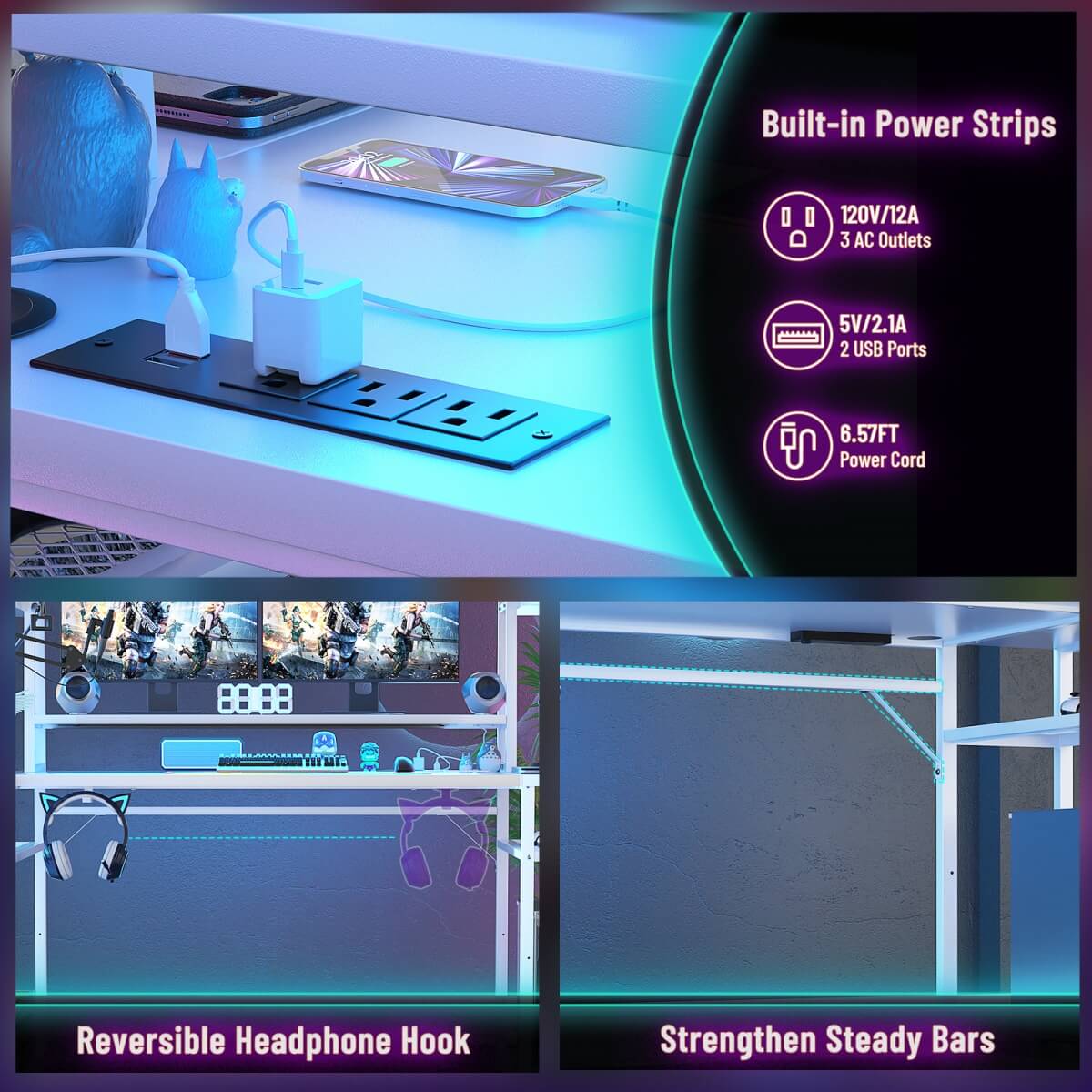 47'' L Shaped Gaming Computer Desk with Hutch, Storage Shelves, LED Lights & Outlets