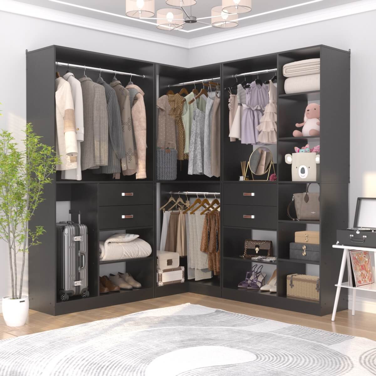 Freestanding Closet System Set of 3, 110 Inch L Shaped Wardrobe Closet for Clsoet, Bedroom, Reversible, Load 2500 LBS