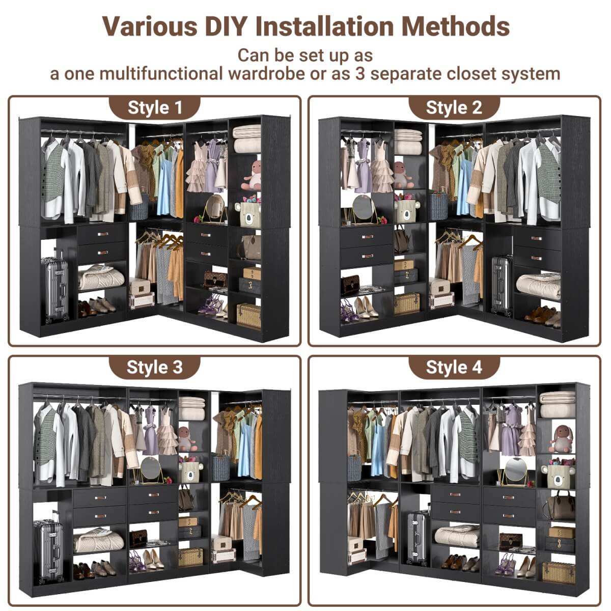 Freestanding Closet System Set of 3, 110 Inch L Shaped Wardrobe Closet for Clsoet, Bedroom, Reversible, Load 2500 LBS