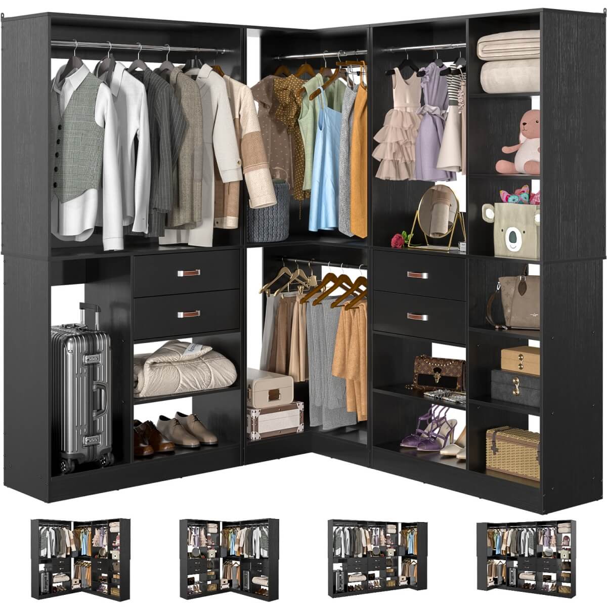 Freestanding Closet System Set of 3, 110 Inch L Shaped Wardrobe Closet for Clsoet, Bedroom, Reversible, Load 2500 LBS