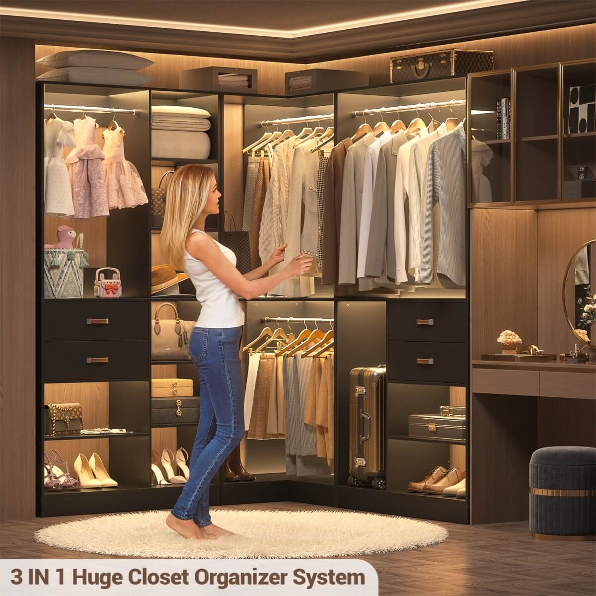 Freestanding Closet System Set of 3, 110 Inch L Shaped Wardrobe Closet for Clsoet, Bedroom, Reversible, Load 2500 LBS