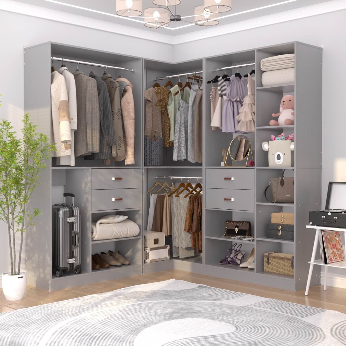 Freestanding Closet System Set of 3, 110 Inch L Shaped Wardrobe Closet for Clsoet, Bedroom, Reversible, Load 2500 LBS