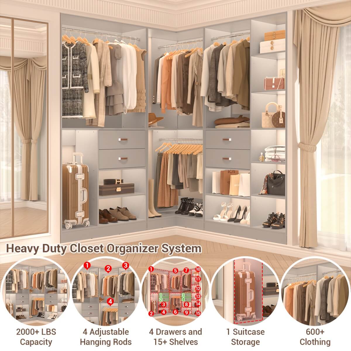 Freestanding Closet System Set of 3, 110 Inch L Shaped Wardrobe Closet for Clsoet, Bedroom, Reversible, Load 2500 LBS
