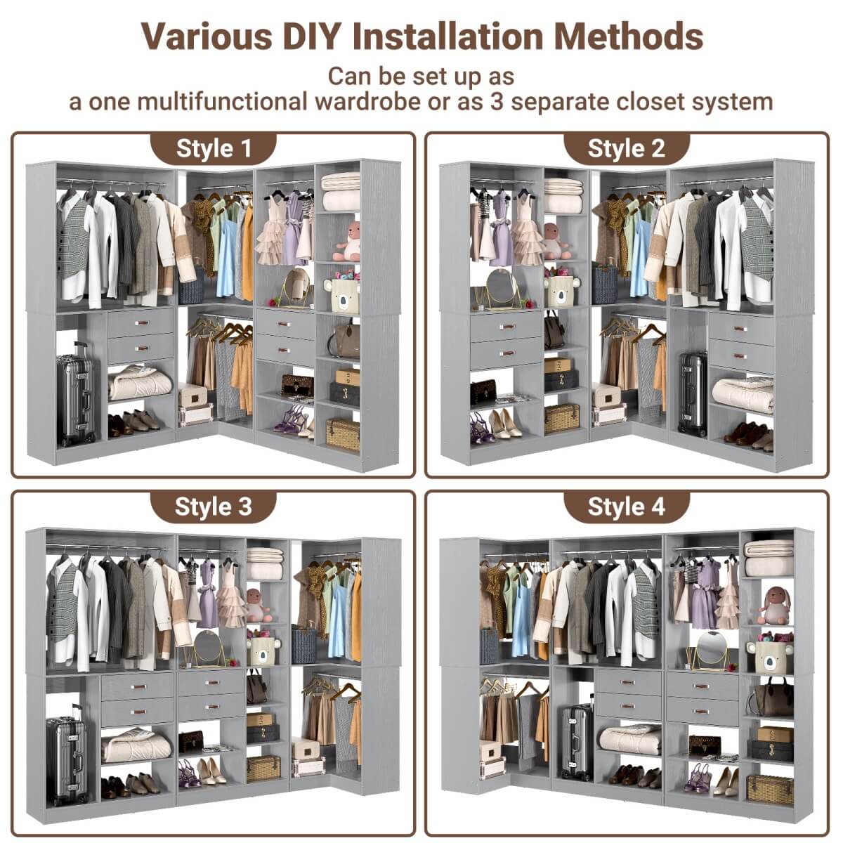 Freestanding Closet System Set of 3, 110 Inch L Shaped Wardrobe Closet for Clsoet, Bedroom, Reversible, Load 2500 LBS