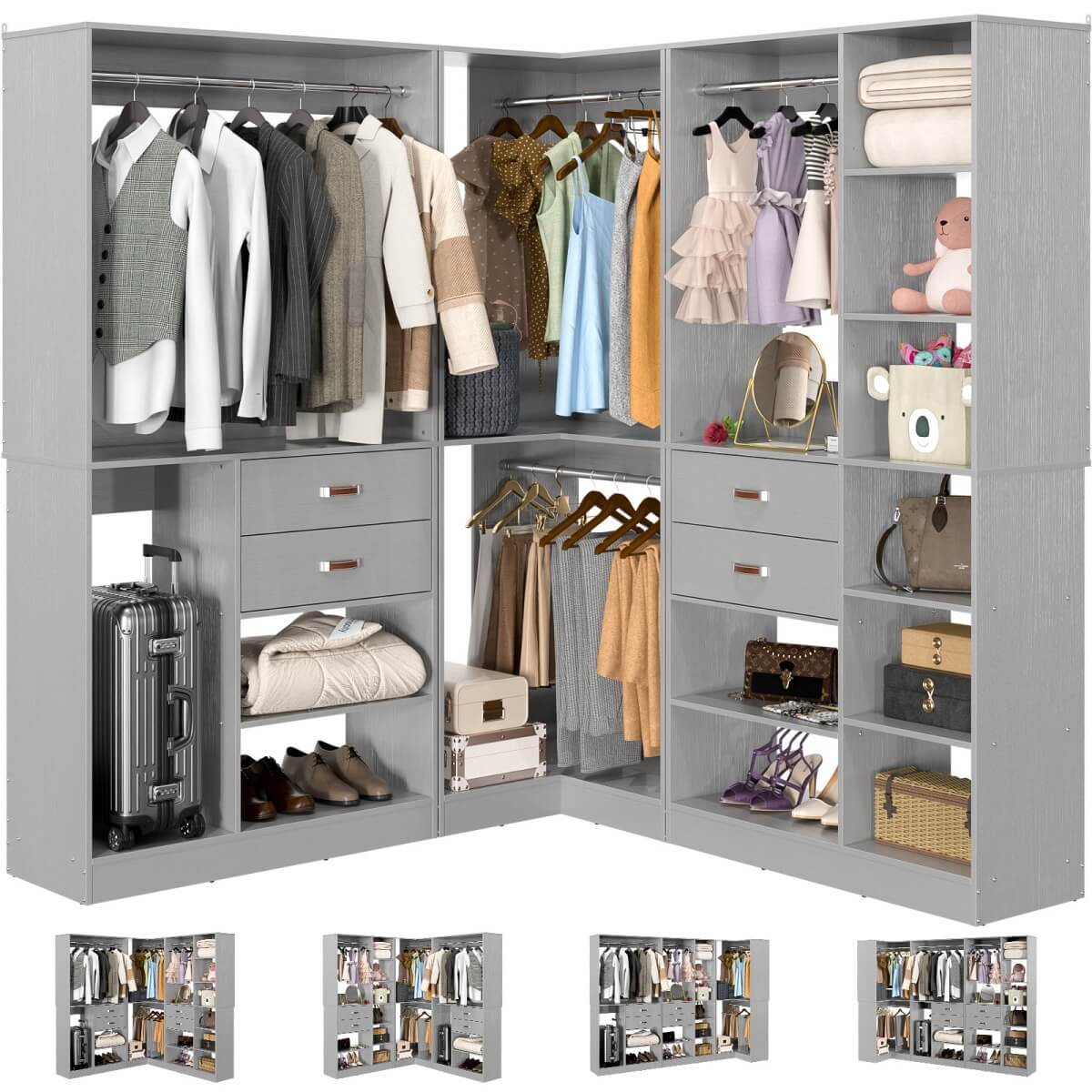 Freestanding Closet System Set of 3, 110 Inch L Shaped Wardrobe Closet for Clsoet, Bedroom, Reversible, Load 2500 LBS