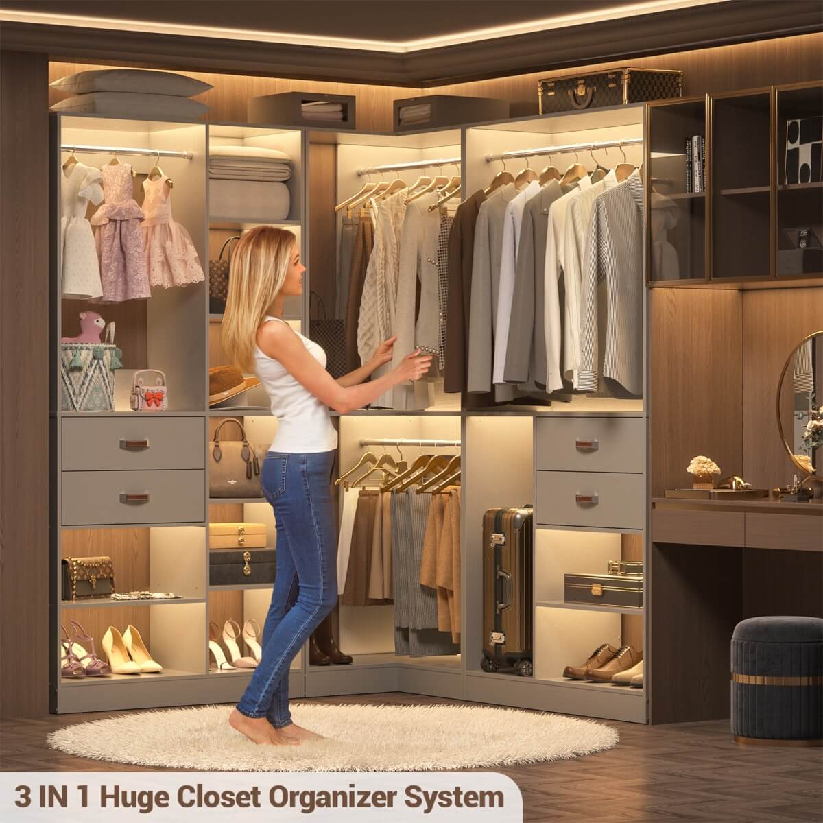 Freestanding Closet System Set of 3, 110 Inch L Shaped Wardrobe Closet for Clsoet, Bedroom, Reversible, Load 2500 LBS