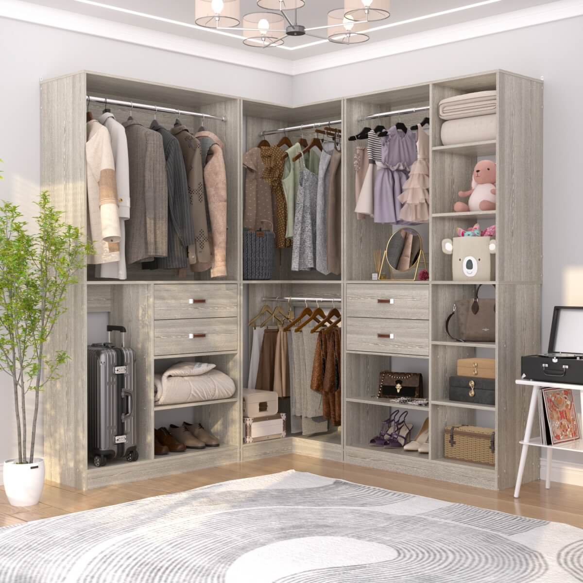 Freestanding Closet System Set of 3, 110 Inch L Shaped Wardrobe Closet for Clsoet, Bedroom, Reversible, Load 2500 LBS