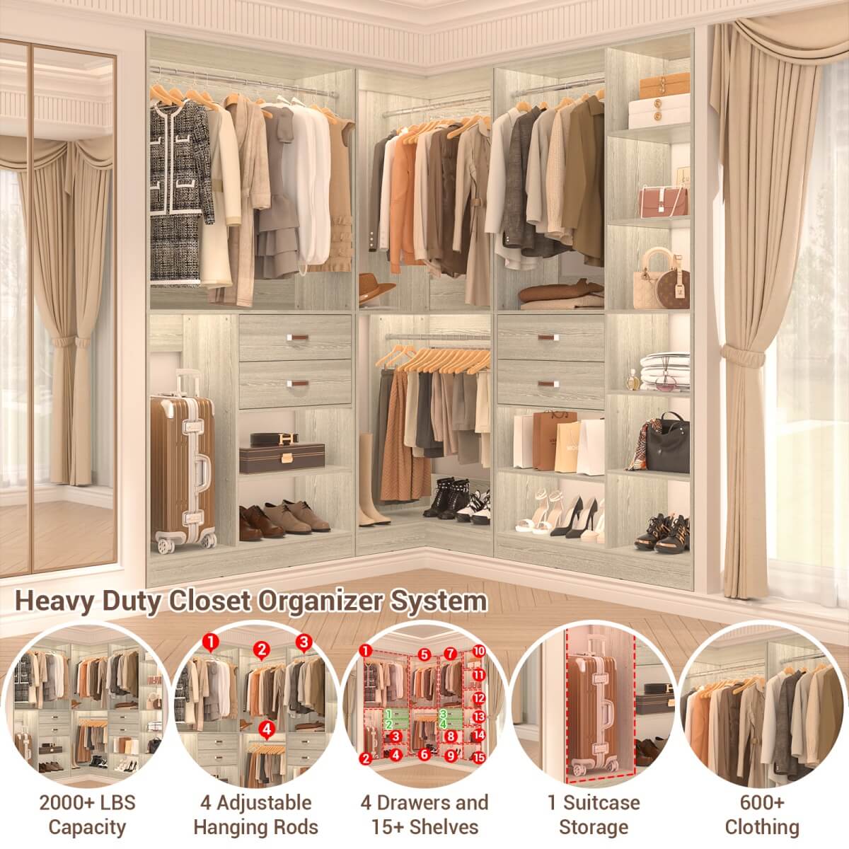 Freestanding Closet System Set of 3, 110 Inch L Shaped Wardrobe Closet for Clsoet, Bedroom, Reversible, Load 2500 LBS