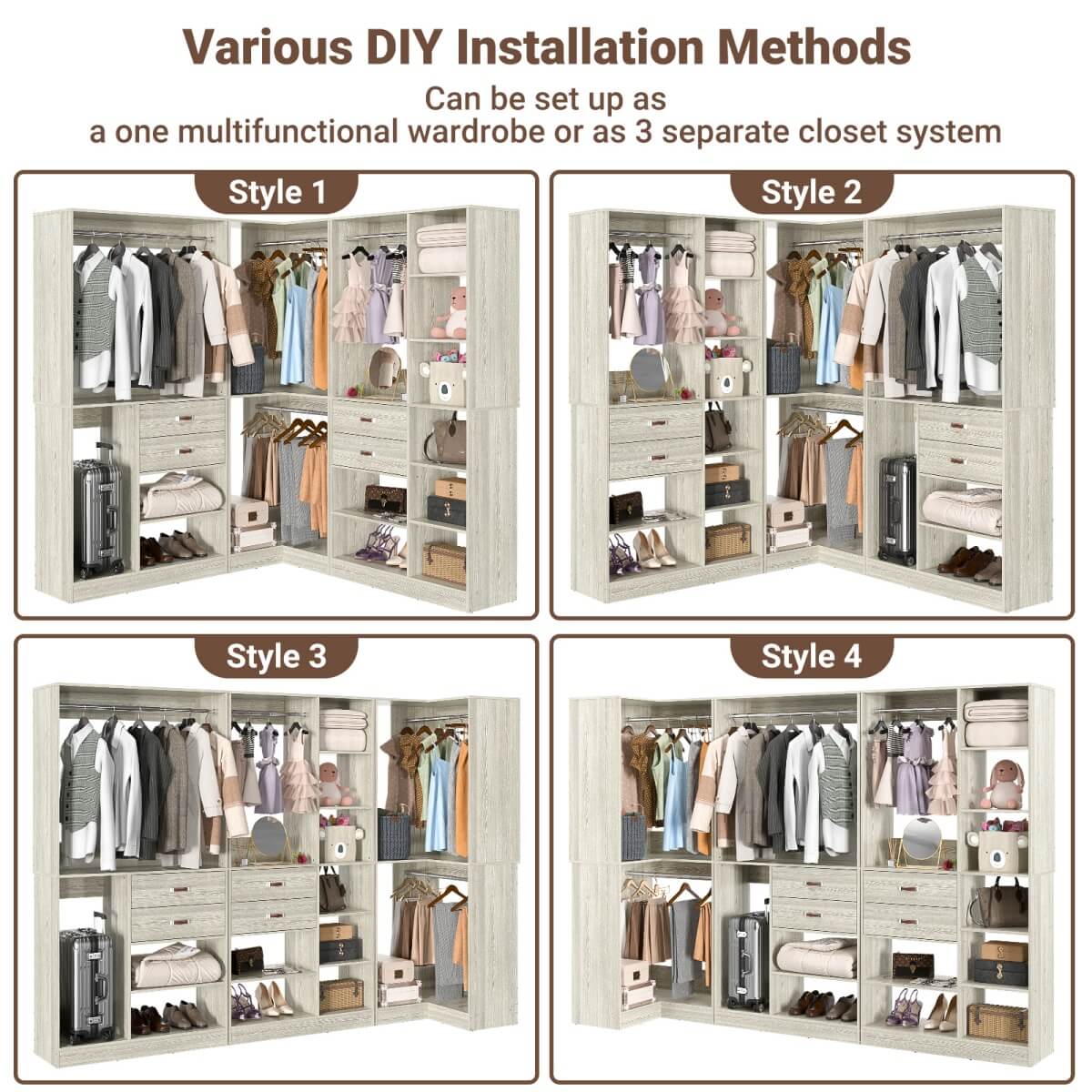 Freestanding Closet System Set of 3, 110 Inch L Shaped Wardrobe Closet for Clsoet, Bedroom, Reversible, Load 2500 LBS
