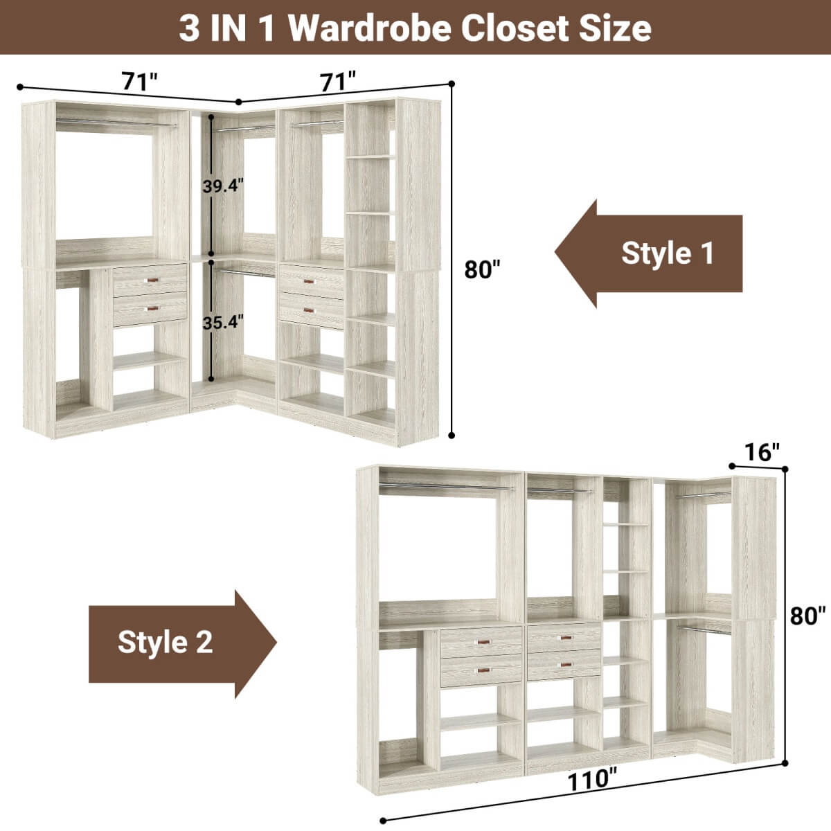 Freestanding Closet System Set of 3, 110 Inch L Shaped Wardrobe Closet for Clsoet, Bedroom, Reversible, Load 2500 LBS