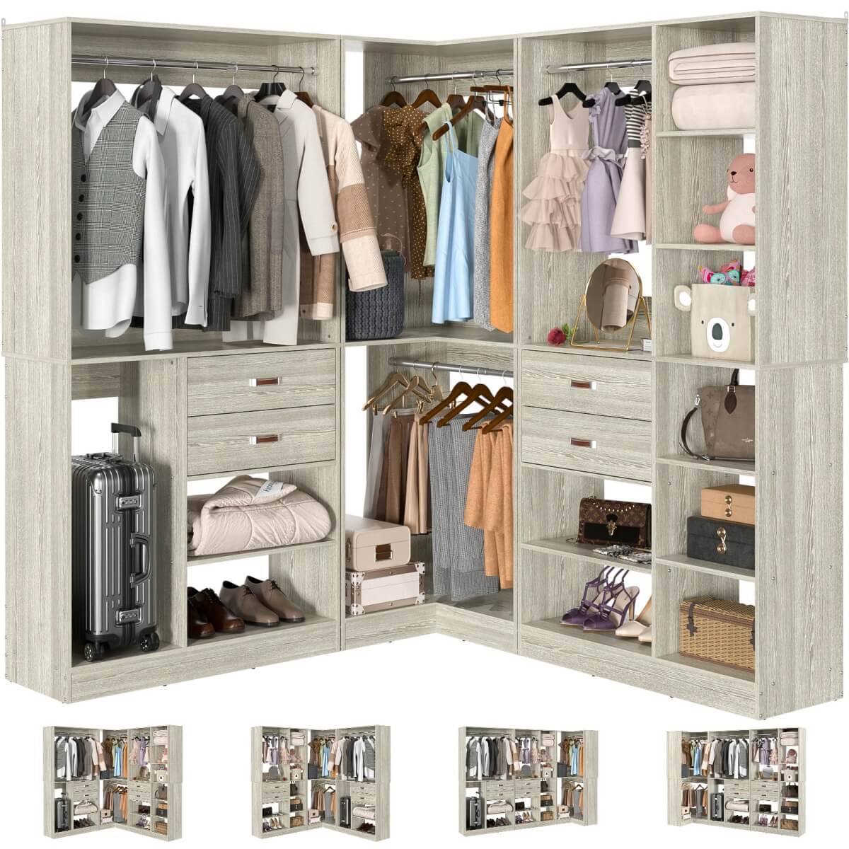 Freestanding Closet System Set of 3, 110 Inch L Shaped Wardrobe Closet for Clsoet, Bedroom, Reversible, Load 2500 LBS