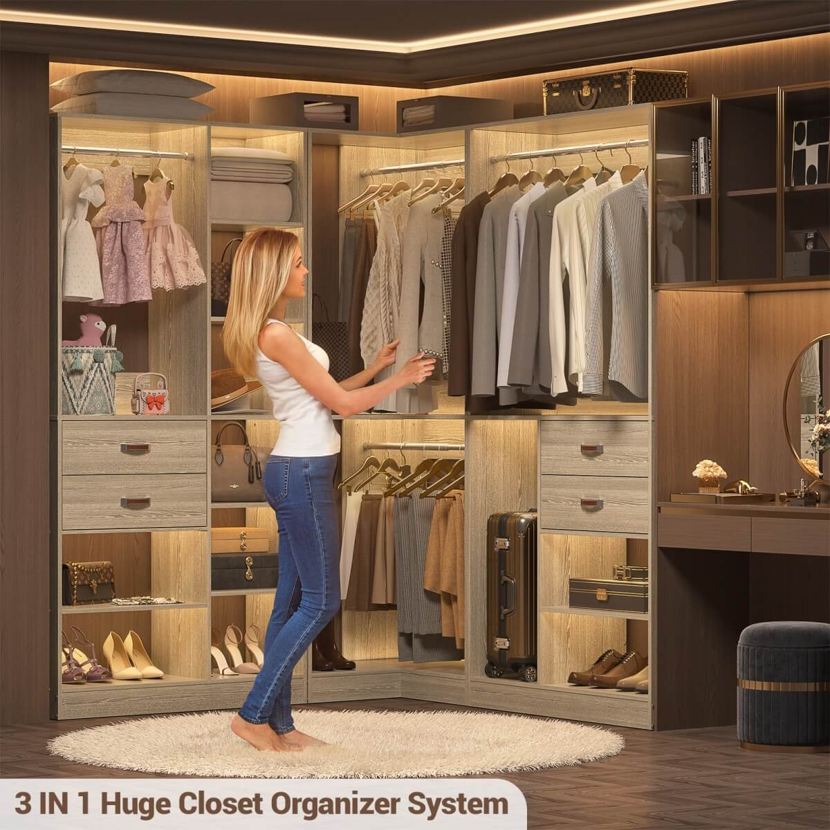 Freestanding Closet System Set of 3, 110 Inch L Shaped Wardrobe Closet for Clsoet, Bedroom, Reversible, Load 2500 LBS