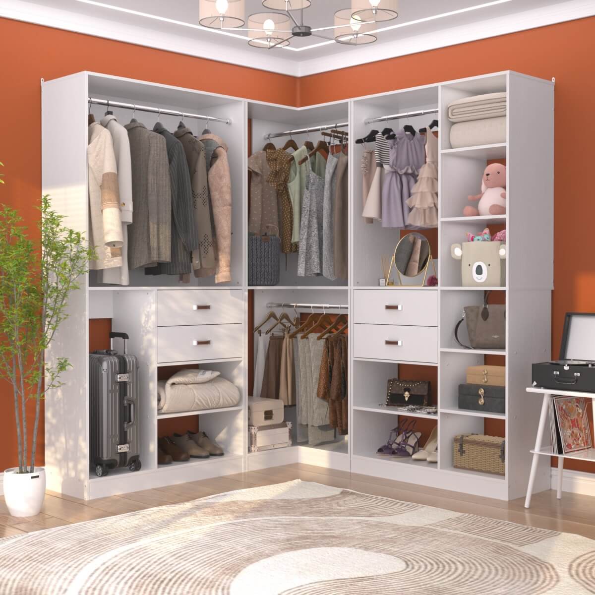 Freestanding Closet System Set of 3, 110 Inch L Shaped Wardrobe Closet for Clsoet, Bedroom, Reversible, Load 2500 LBS