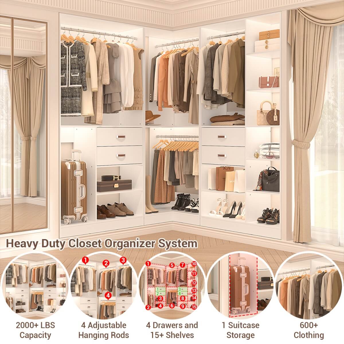Freestanding Closet System Set of 3, 110 Inch L Shaped Wardrobe Closet for Clsoet, Bedroom, Reversible, Load 2500 LBS