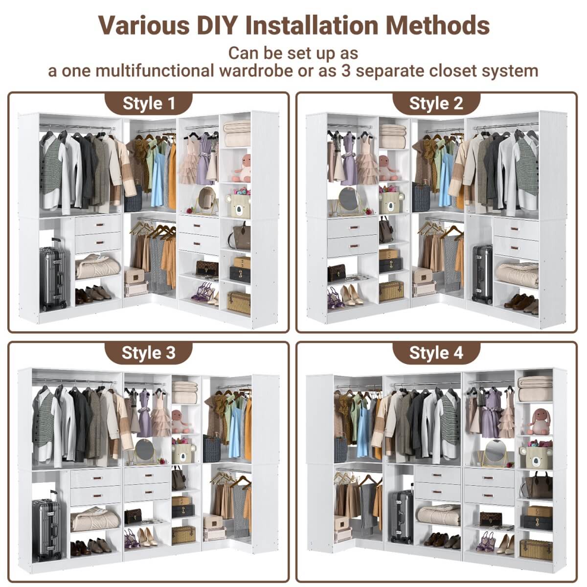 Freestanding Closet System Set of 3, 110 Inch L Shaped Wardrobe Closet for Clsoet, Bedroom, Reversible, Load 2500 LBS