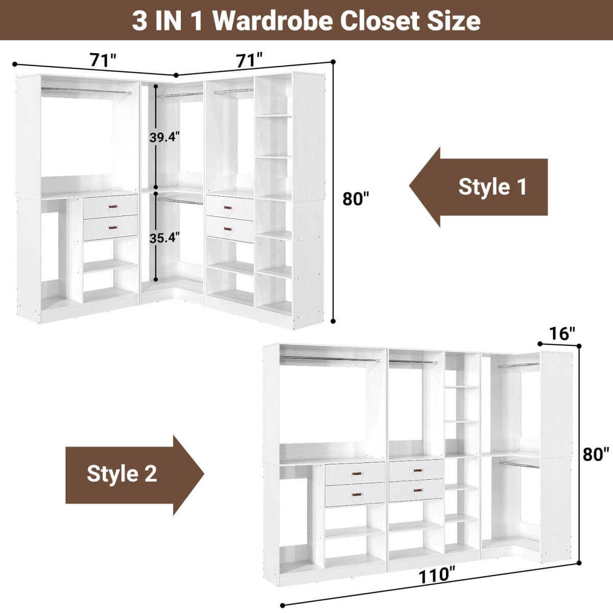 Freestanding Closet System Set of 3, 110 Inch L Shaped Wardrobe Closet for Clsoet, Bedroom, Reversible, Load 2500 LBS